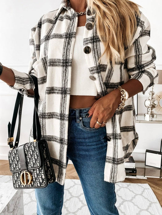 Plaid Wool Blend Shirt Jacket - Oversized Button Down Coat