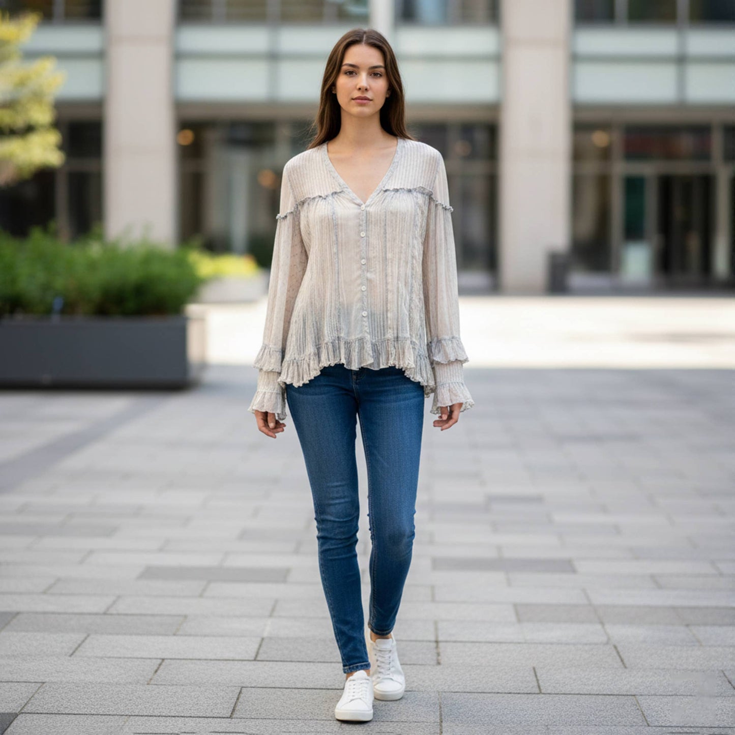 Dreamy Sheer V-Neck Ruffled Button-Front Top