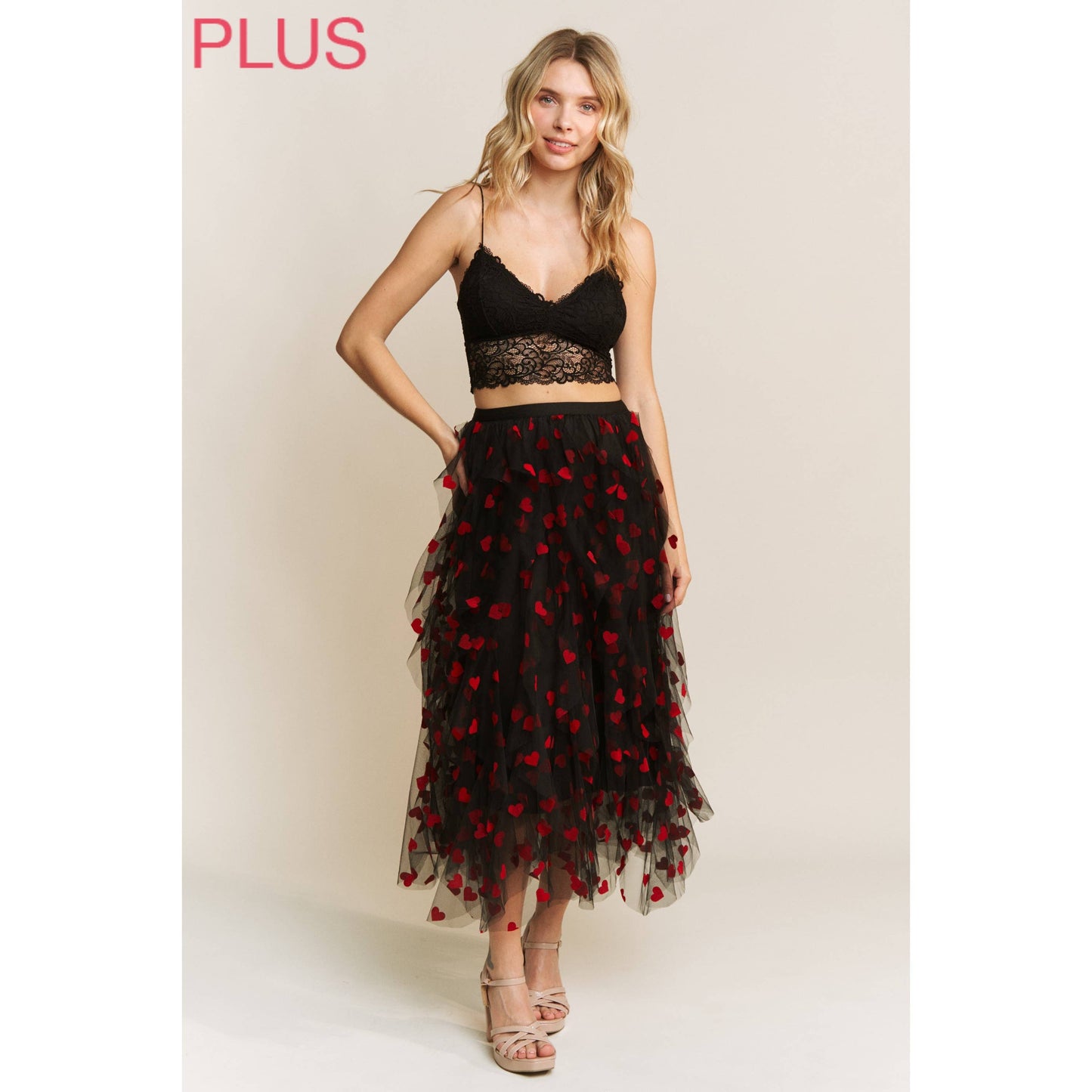 PLUS HEART VELVET FLOCKING MESH LAYERED MIDI SKIRT