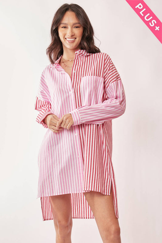 PLUS MULTI COLOR STRIPE BUTTON FRONT TUNIC SHIRT
