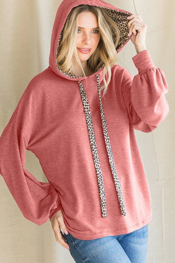 Leopard Drawstring Balloon Sleeves Pullover Hoodie T3716