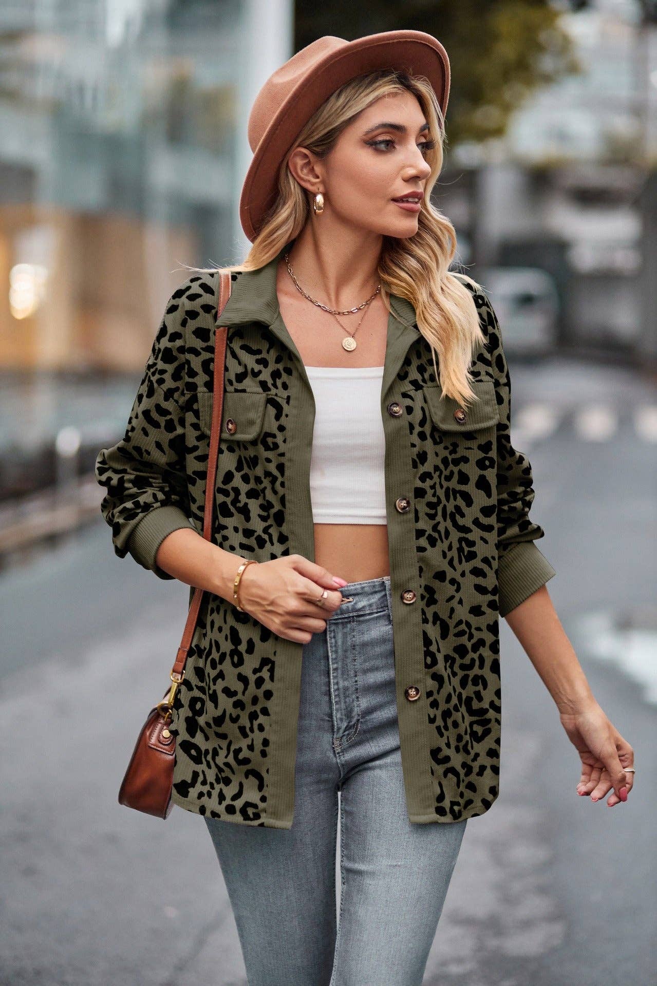 Leopard Corduroy Shirt Jacket - Button Down Oversized Fit