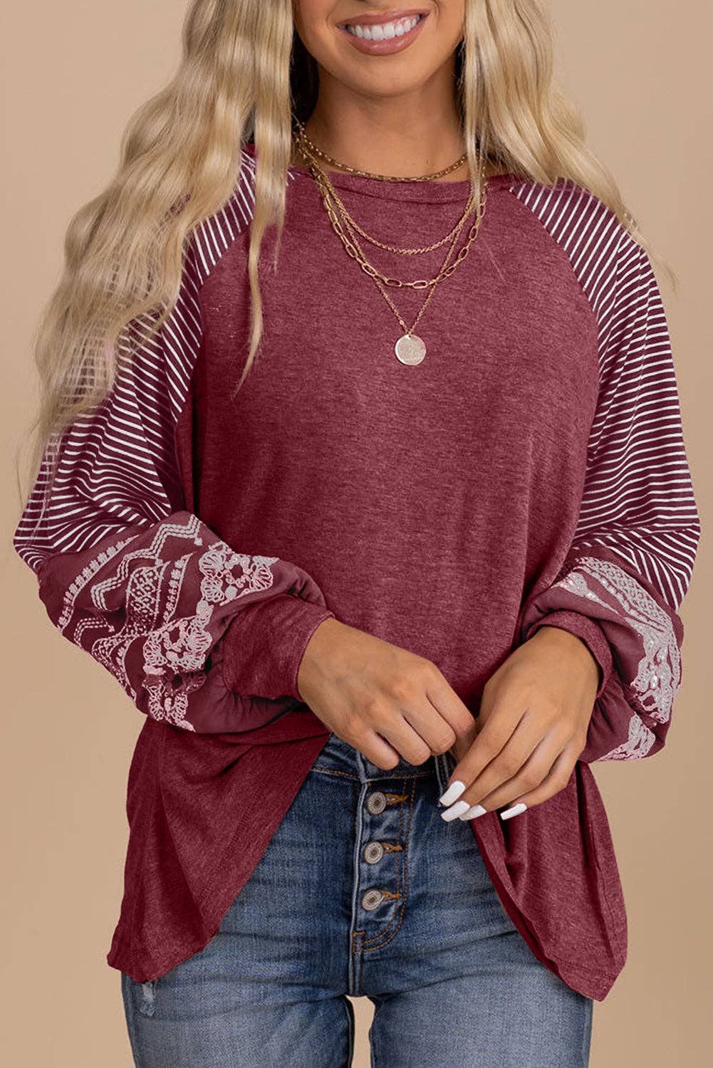 Tillandsia Purple Contrast Print Striped Raglan Long Sleeve Loose Top