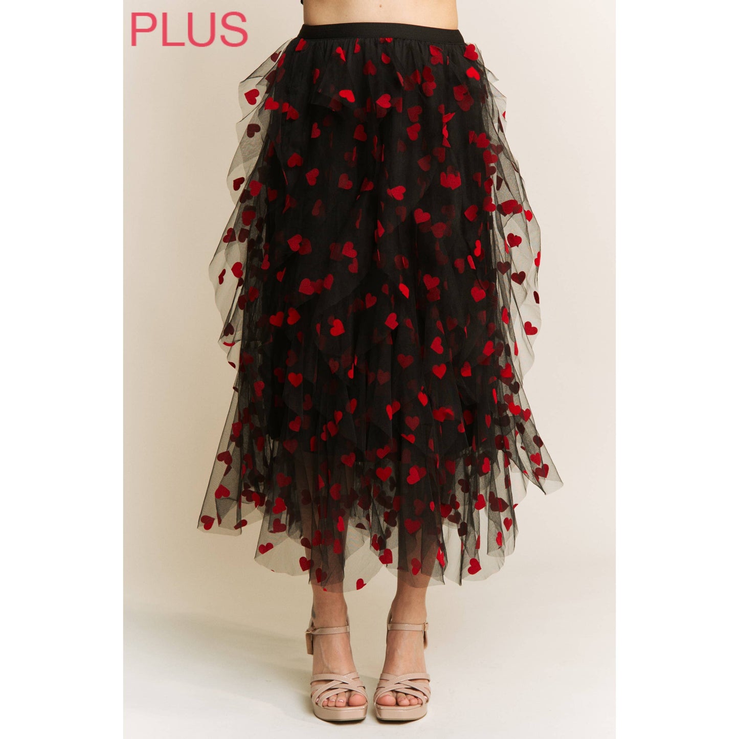 PLUS HEART VELVET FLOCKING MESH LAYERED MIDI SKIRT