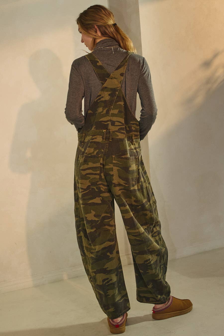Plus Camo Denim Barrel Overall Jumpsuit