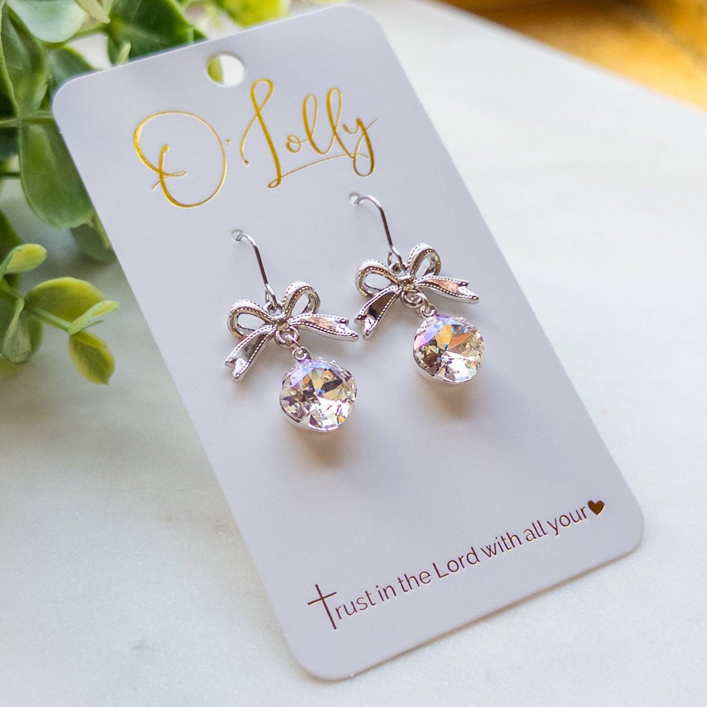 Silver Bow w/ML Clear Stone Dangle Earrings “Silvie”