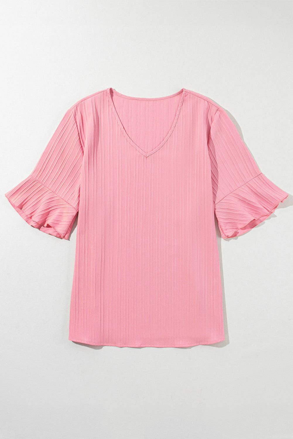 Peach Blossom Ruffled Half Sleeve V Neck Textured Plus Top