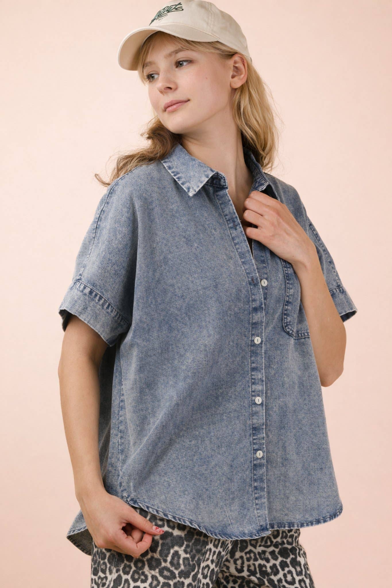 NT12493X-PLUS SIZE Mineral Washed Chambray Shirt Top