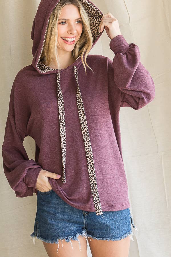 Leopard Drawstring Balloon Sleeves Pullover Hoodie T3716