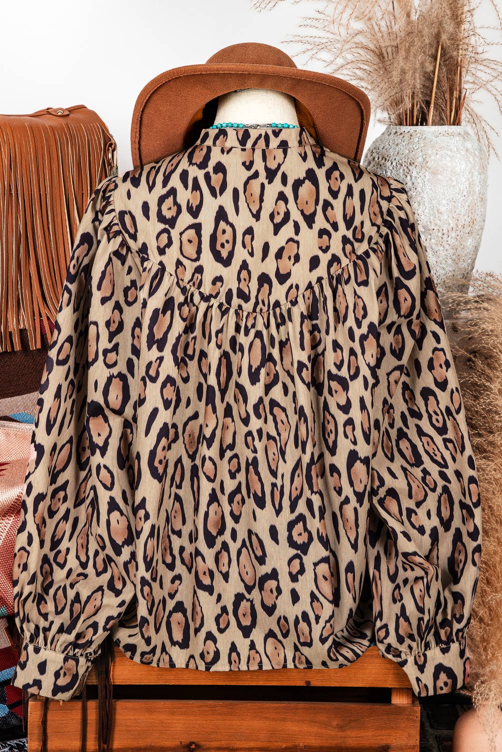 Western Oversized Leopard Print Balloon Sleeve Casual Shirt