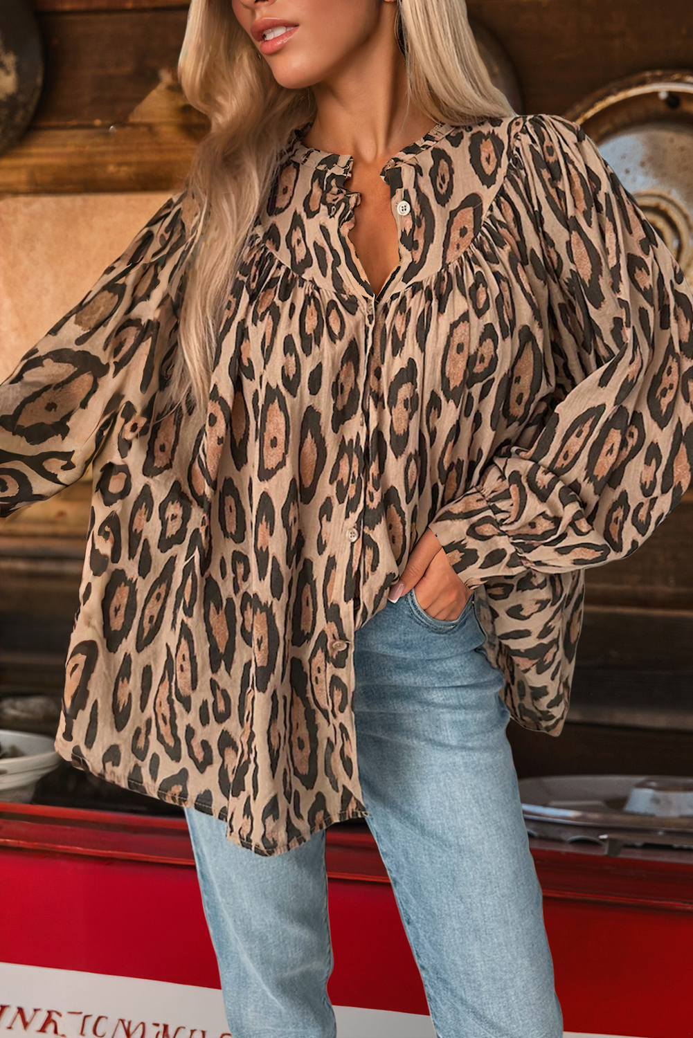 Western Oversized Leopard Print Balloon Sleeve Casual Shirt
