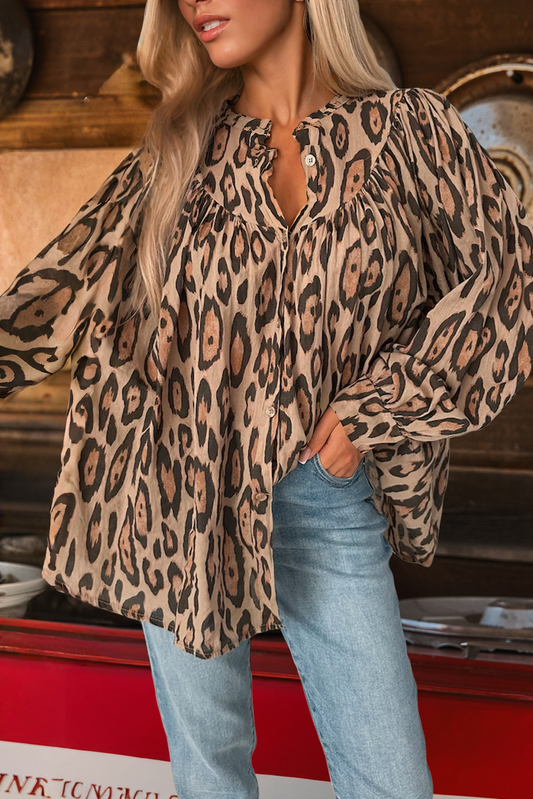 Western Oversized Leopard Print Balloon Sleeve Casual Shirt