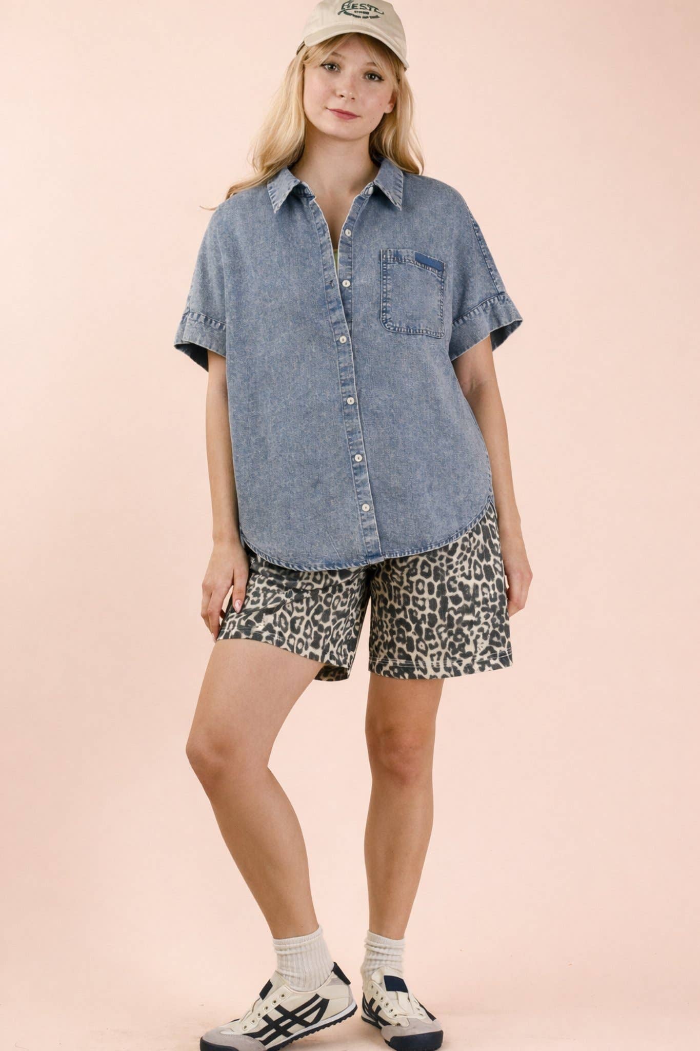 NT12493X-PLUS SIZE Mineral Washed Chambray Shirt Top