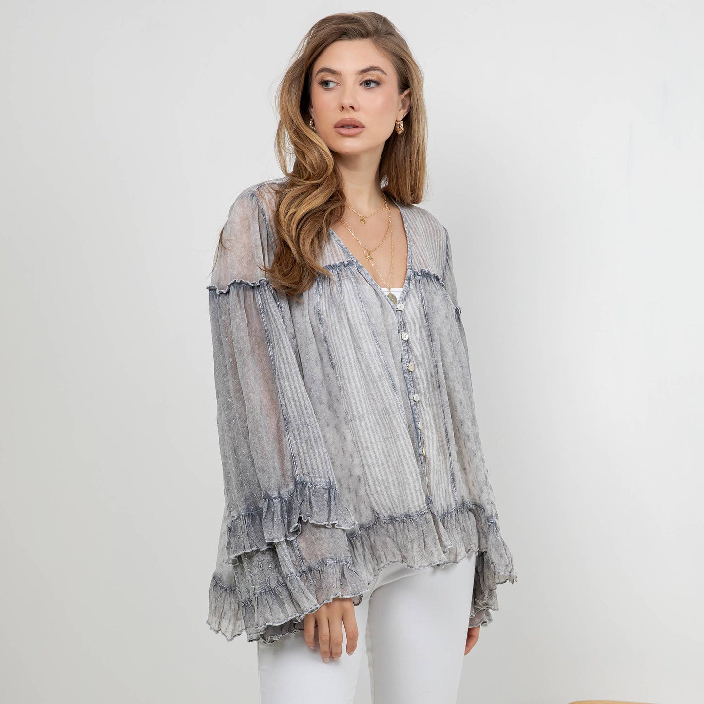 Dreamy Sheer V-Neck Ruffled Button-Front Top