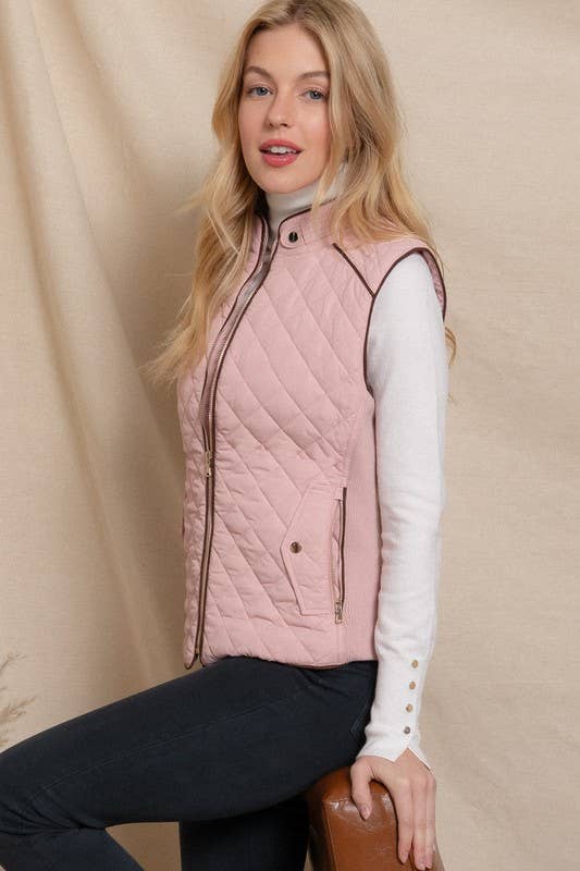 Suede Piping Detail Side Rib Quilted Padding Vest