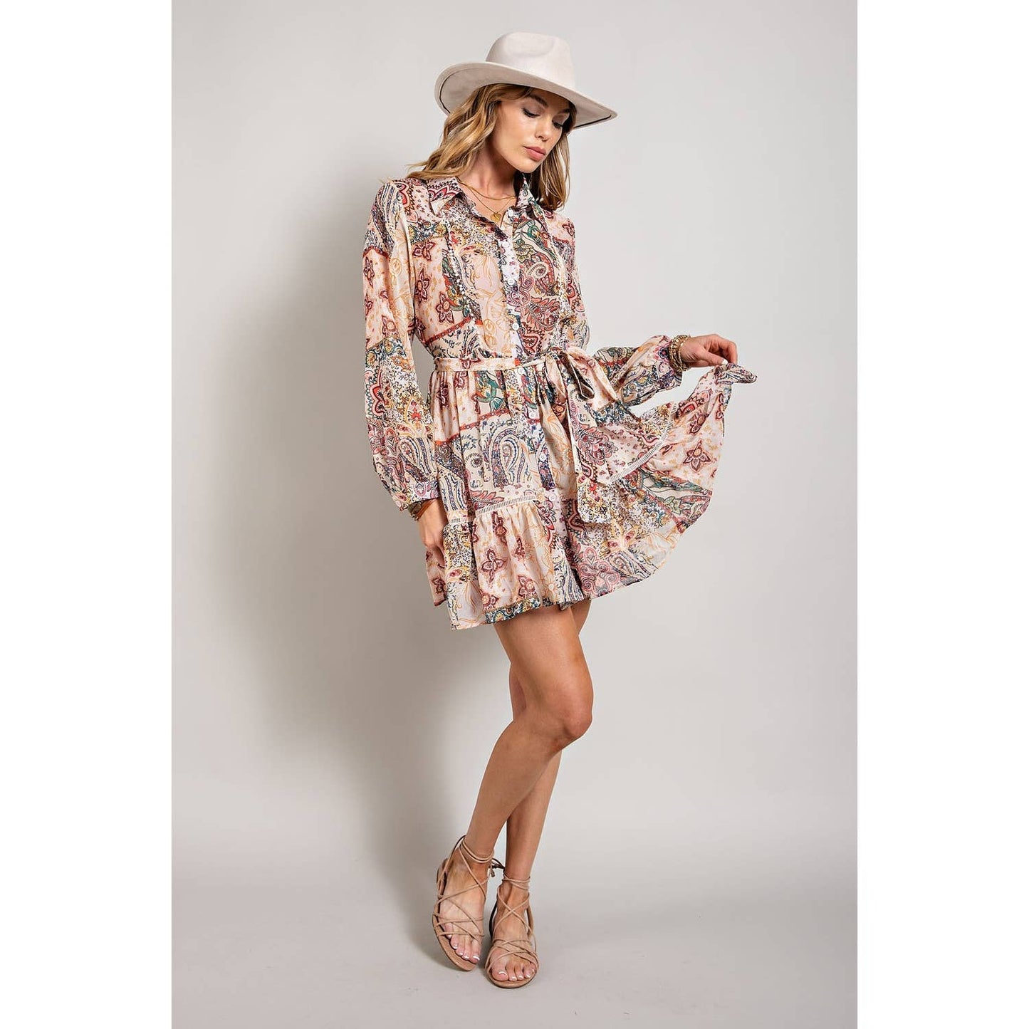 FLOWER PRINT LONG SLEEVE SHIRT DRESS
