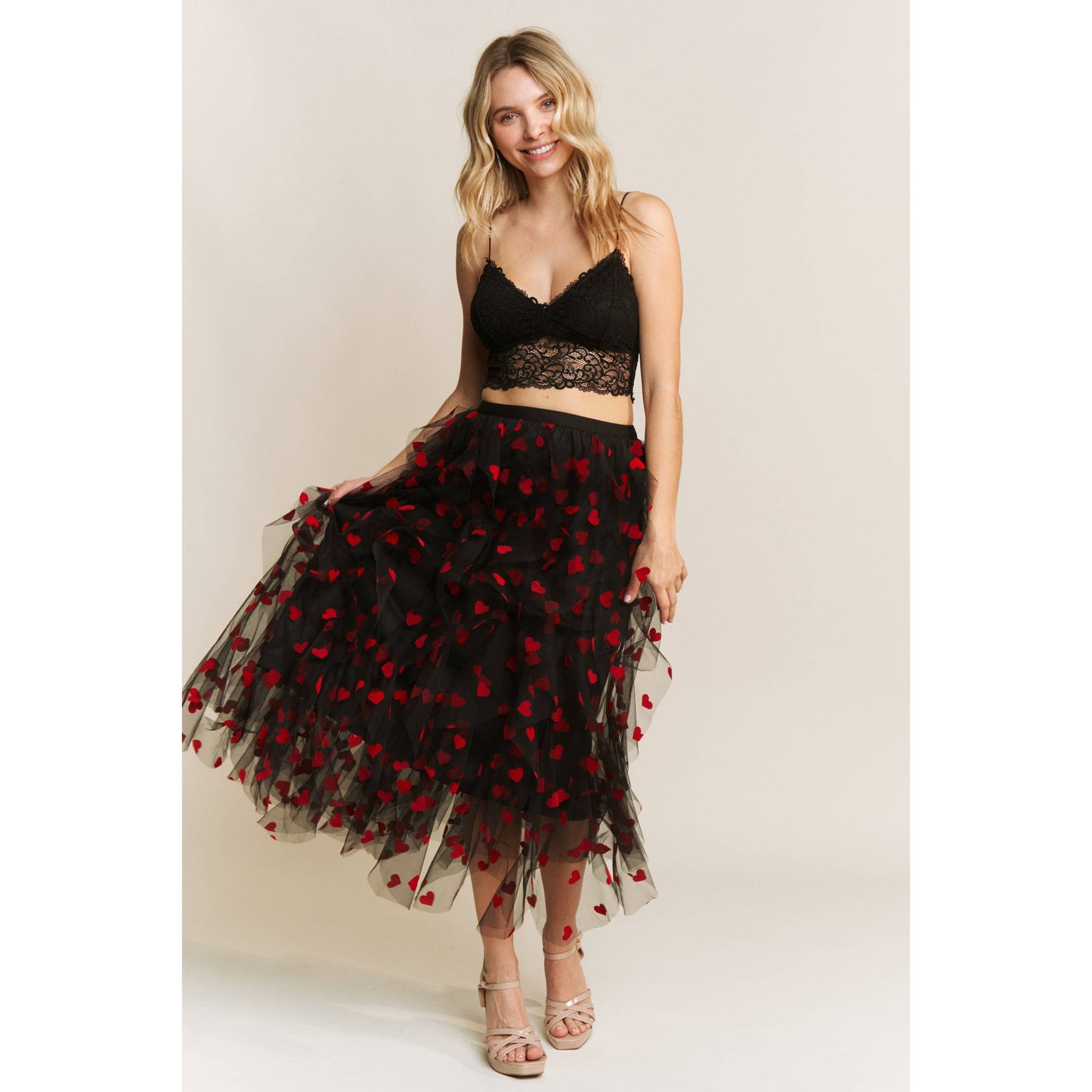 HEART VELVET FLOCKING MESH LAYERED MIDI SKIRT