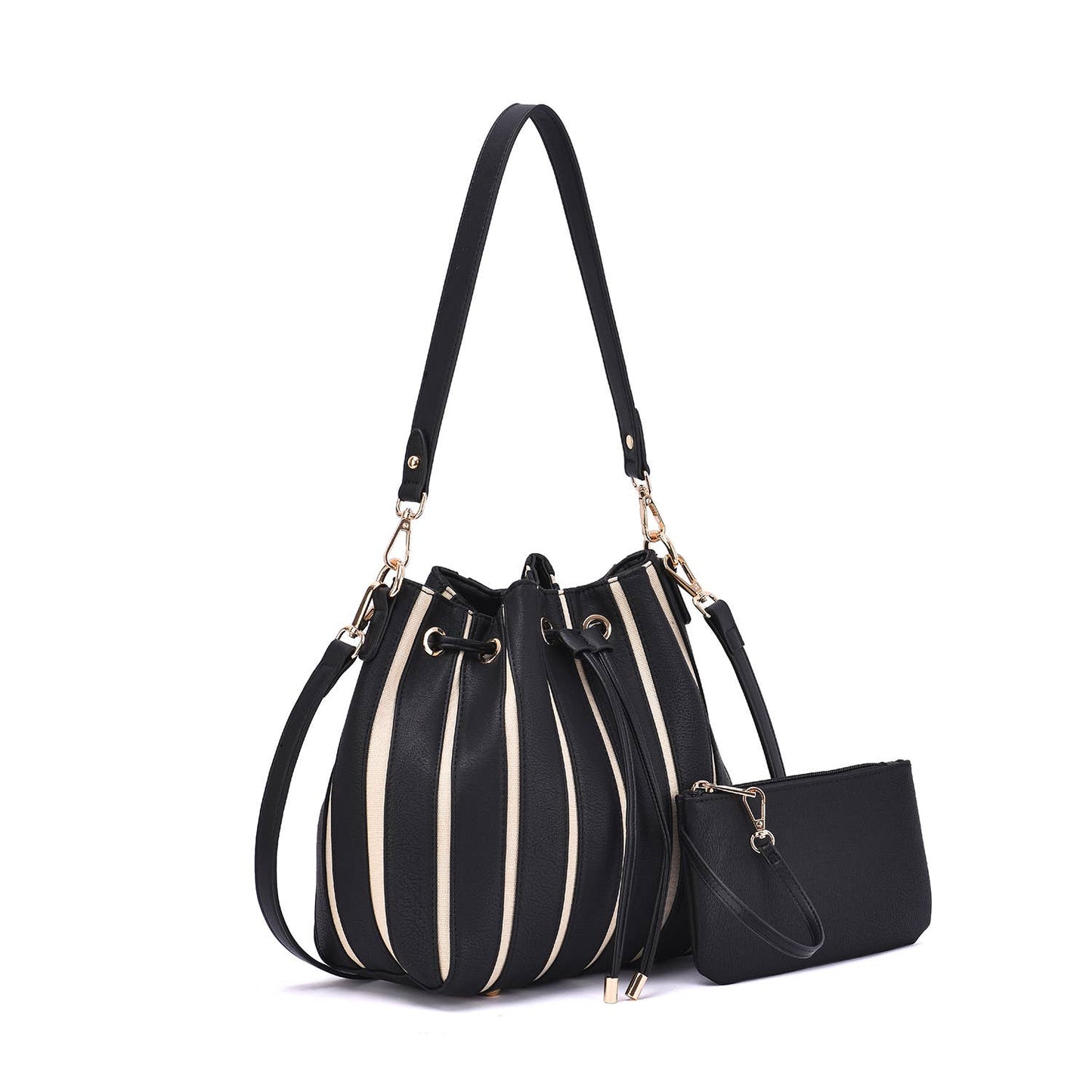 Marla Two-Toned Drawstring Bucket Bag with Pouch