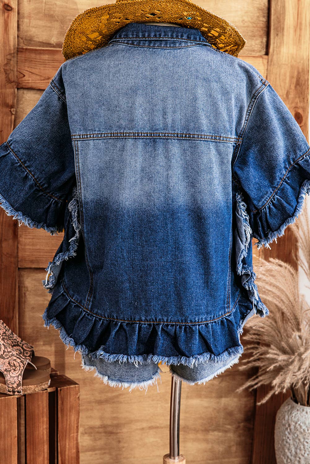 Western Fall Raw Edge Ruffle Short Sleeve Denim Jacket*S-4X