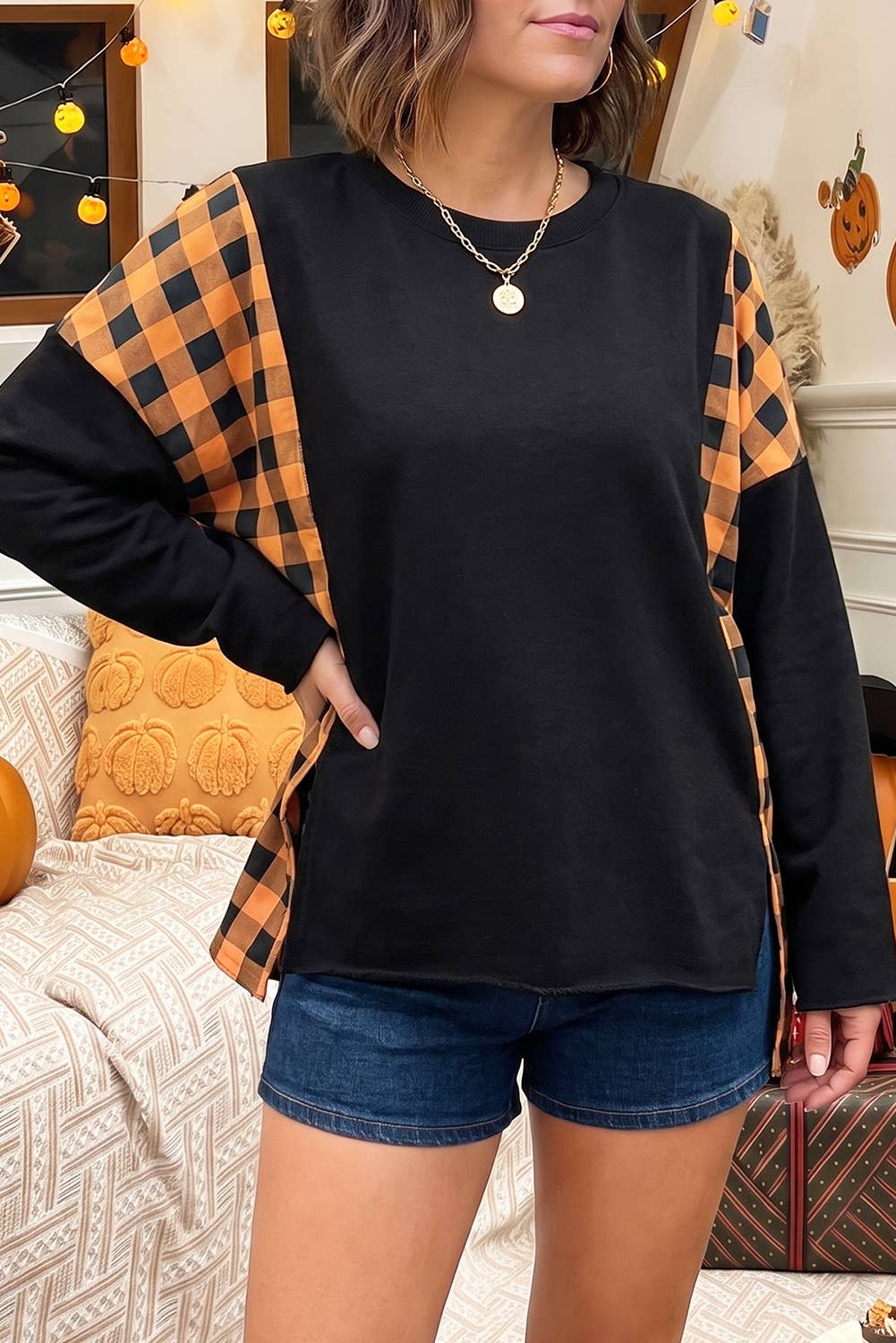Plaid Pumpkin Face Top