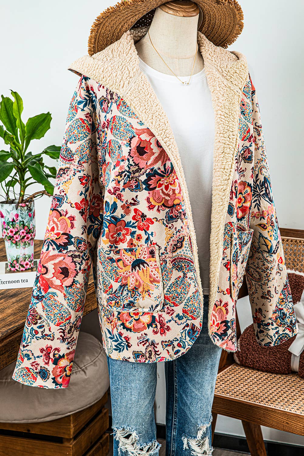 Fashion-W Vintage Paisley Floral Sherpa Lined Hooded Jacket