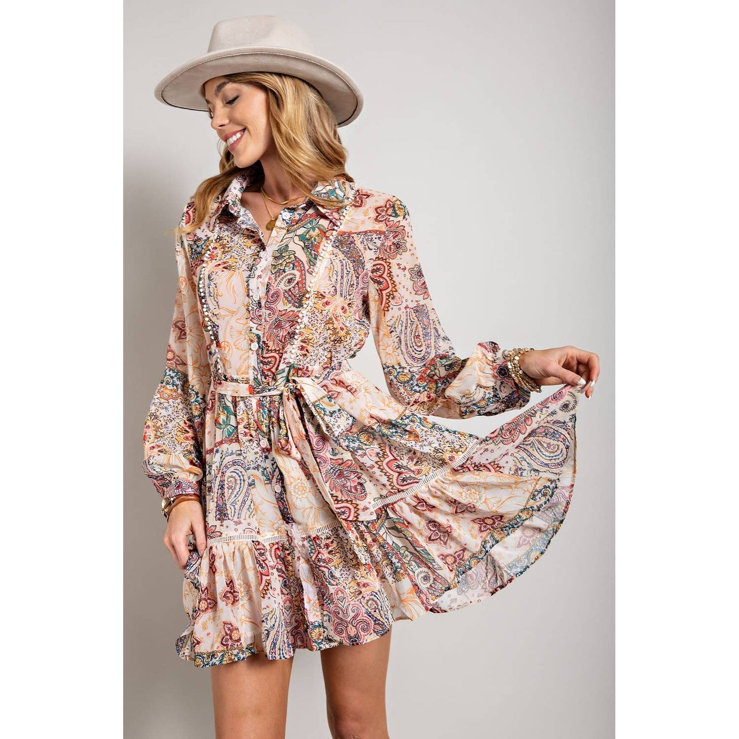 FLOWER PRINT LONG SLEEVE SHIRT DRESS