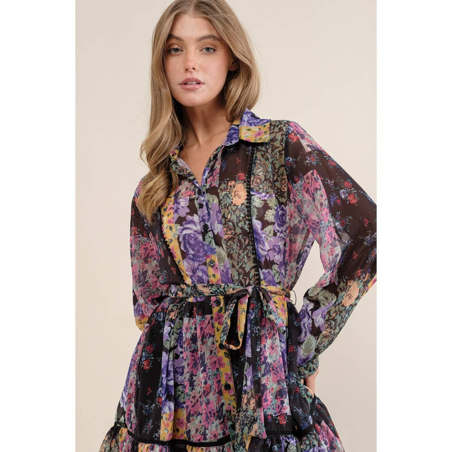 FLOWER PRINT LONG SLEEVE SHIRT DRESS