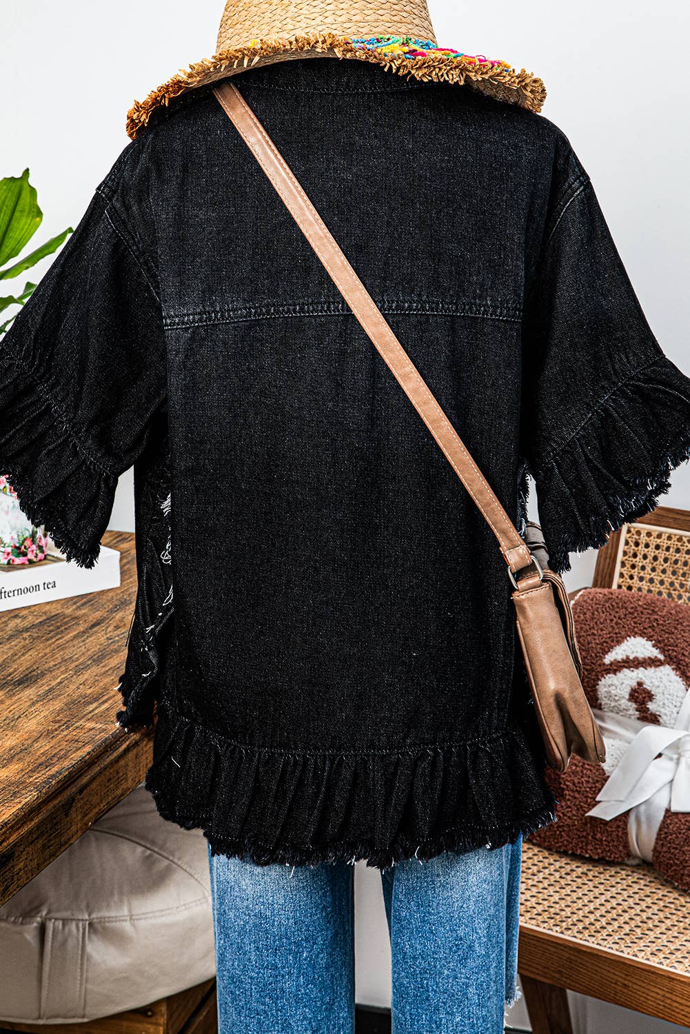 Western Fall Raw Edge Ruffle Short Sleeve Denim Jacket*S-4X