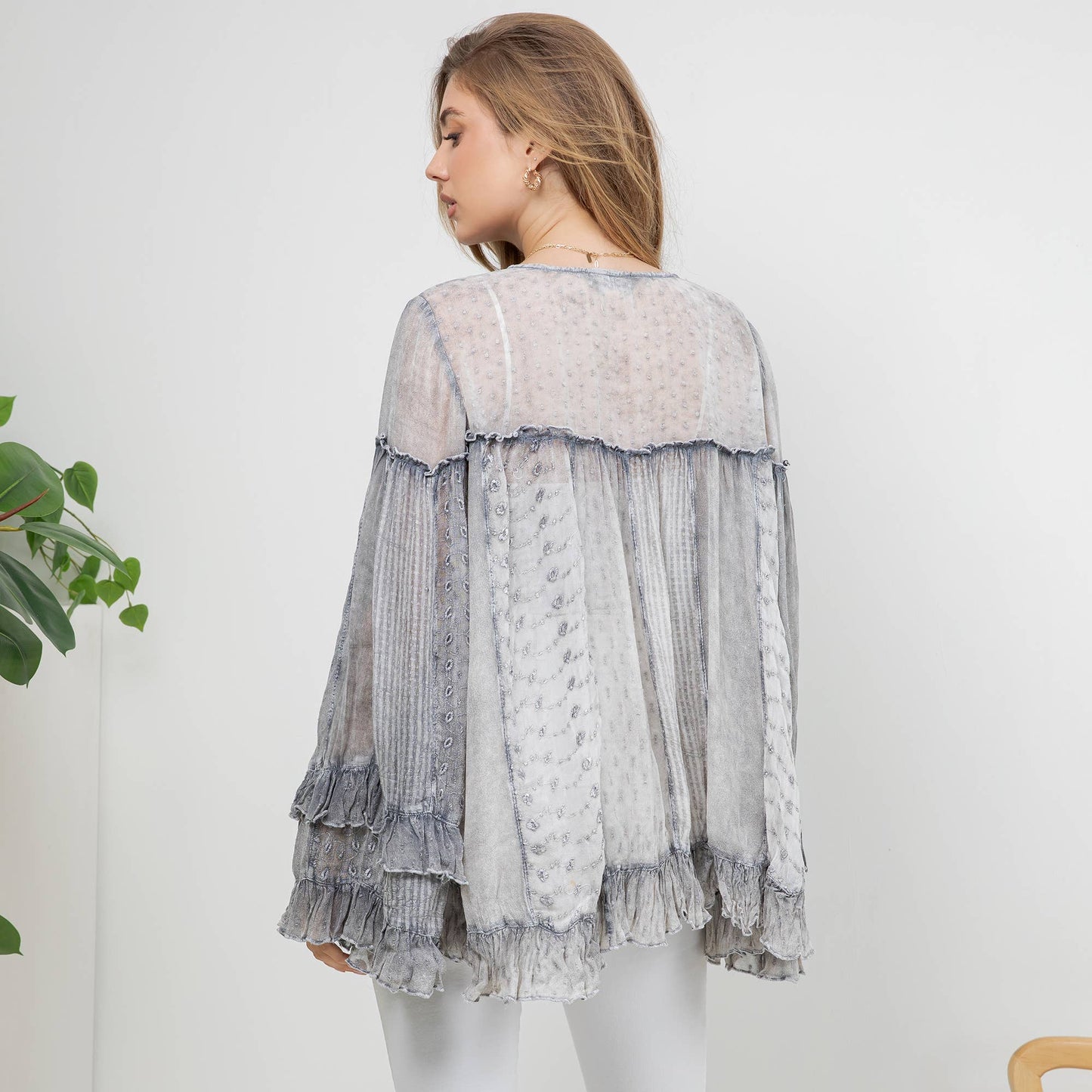 Dreamy Sheer V-Neck Ruffled Button-Front Top