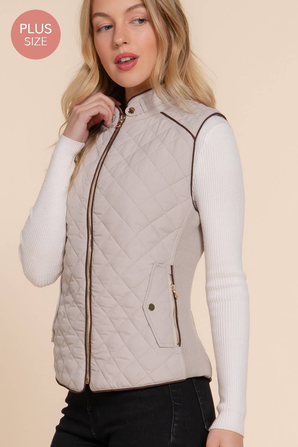 Plus Suede Piping Detail Side Rib Quilted Padding Vest
