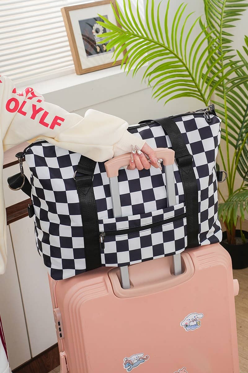 `.Large Capacity Checkered Travel Duffle Bag With Sho
